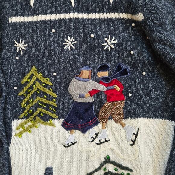 Vintage Reference Point Beaded Holiday Cardigan sz Medium Ice Skaters Christmas - Picture 4 of 12